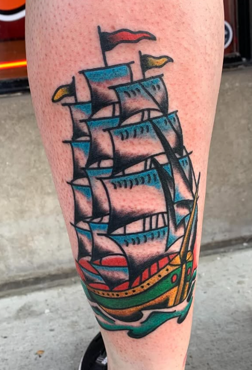 American traditional tall ship tattoo, color, Historic Tattoo Studio