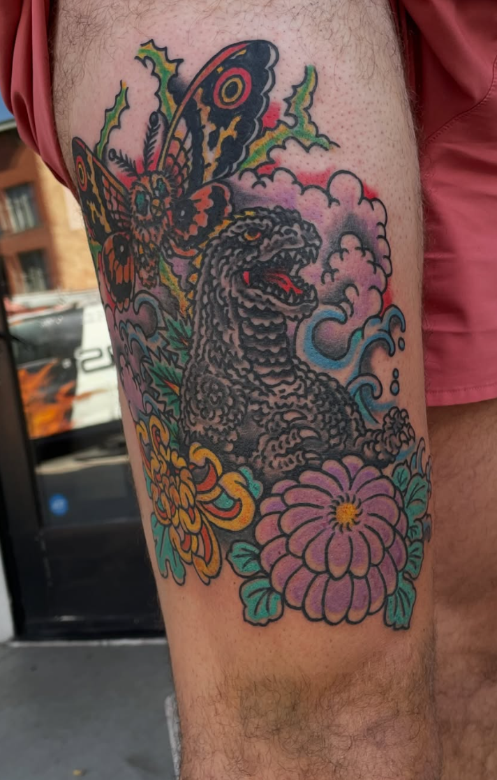Traditional Godzilla and Mothra tattoo with chrysanthemums, color, Historic Tattoo Studio